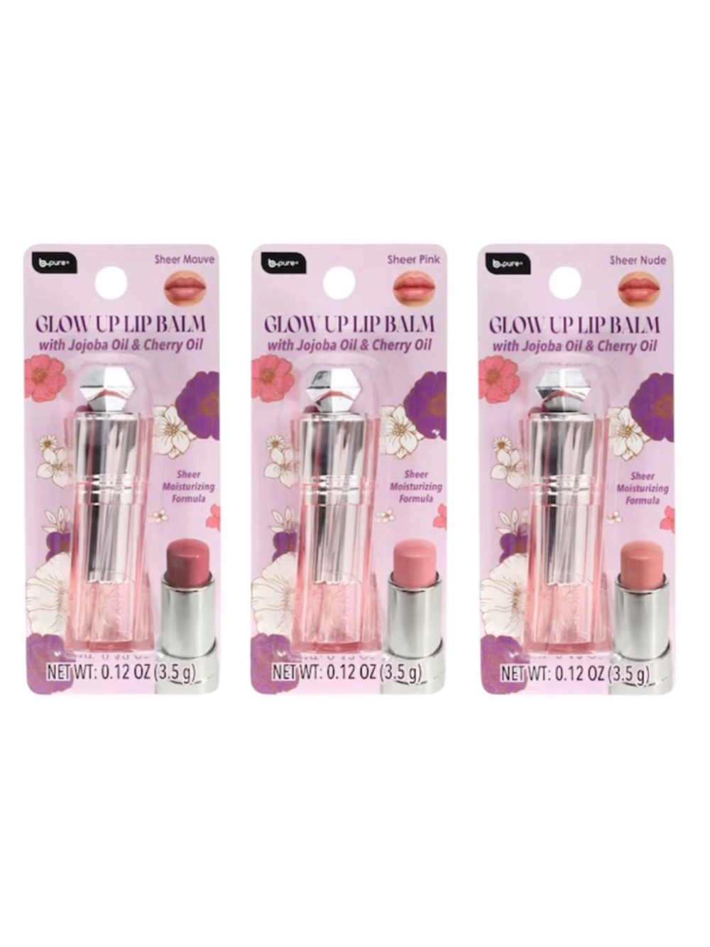B Pure Glow Up Lip Balm Complete Set - Sheer Pink , Sheer Mauve , Sheer Nude